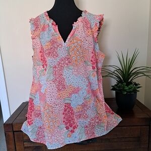 New! Talbots Shirt Womens 1X Vibrant Floral Ruffle Trim Split Neck Cotton Top